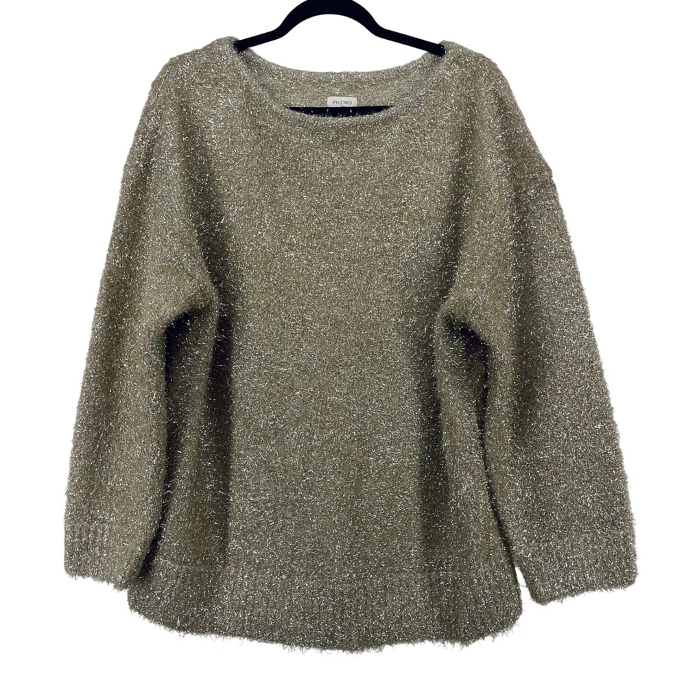 Pilcro Size Medium Sweater Gold Metallic Eyelash Knit Relaxed Pullover Womens